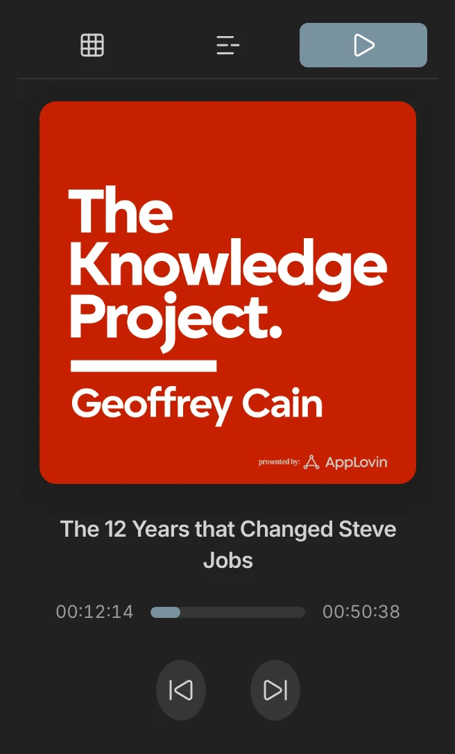 The PodNotes player in Obsidian’s right sidebar on a phone, with episode artwork, title, progress, and skip buttons